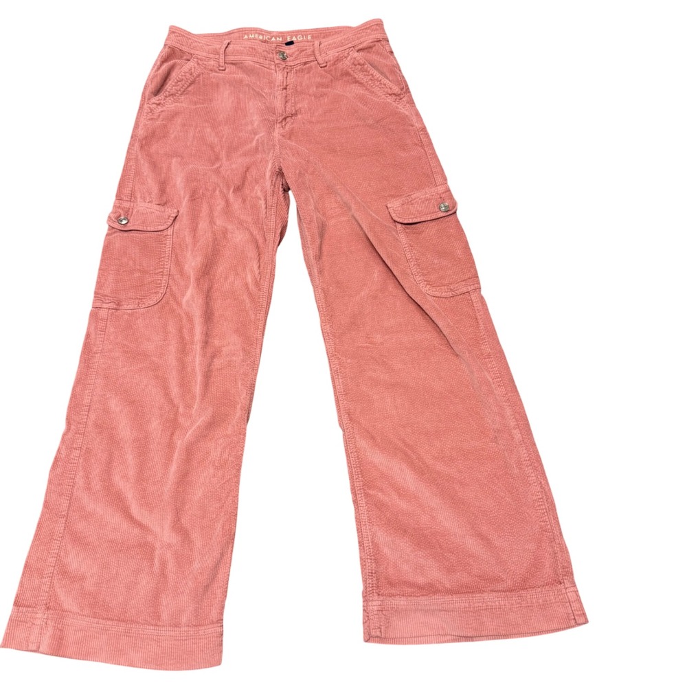 American Eagle Pink Corduroy Cargo Pants Super High Rise Baggy Wide Leg Size 10